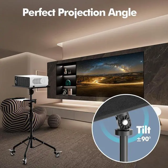 Alt view image 5 of 7 - Projector Tripod Stand with Wheels, Portable Laptop Floor Support with Mouse Tray & Bag, Height Adjustable 26 to 49 Inch with Gooseneck Phone Holder for Office, Home, DJ Racks