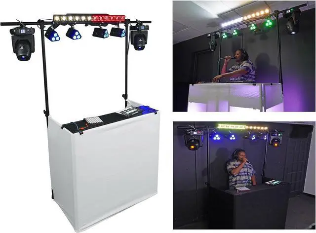 Main image of DJ Booth With Facade, 2-Tier Tables, , Scrims, and Travel Bag, XL Size (48.5" L x 24" D x 44" H), Sturdy, Portable, Quick Setup