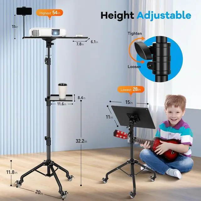 Alt view image 5 of 7 - Projector Tripod Stand with Casters: Projector Stand 28-54in Height Adjustable Multifunctional Universal Laptop Stand DJ Rack Stand with Adjustable Height for Meeting Room DJ Equipment