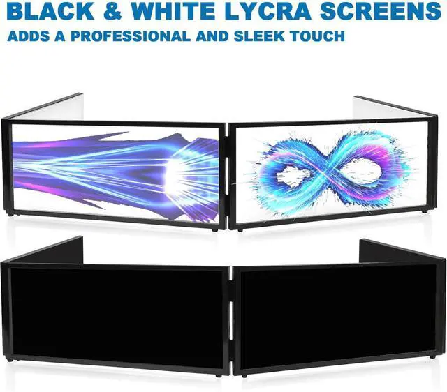 Alt view image 2 of 7 - DJ Booth Facade  67" x 19.7" x 16" Portable DJ Event Booth with Black & White Scrims, with Foldable Panels & Travel Bag, Adjustable for Custom Setup, Ideal for Weddings & Shows