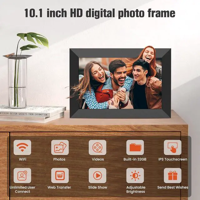 Alt view image 3 of 7 - 10.1 Inch WiFi Digital Picture Frame, IPS HD Touch Screen Cloud Smart Photo Frames with Built-in 32GB Memory, Wall Mountable, Auto-Rotate, Share Photos Instantly from Anywhere