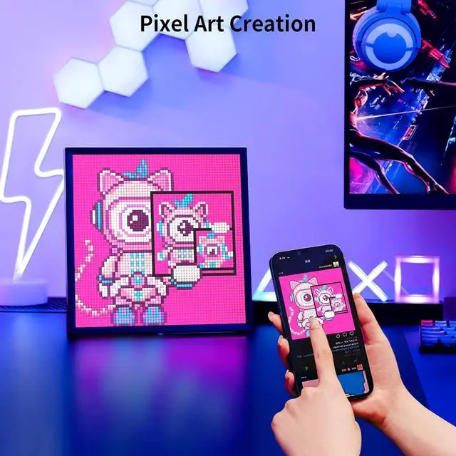 Alt view image 3 of 7 - Pixoo-64 - WiFi Pixel Cloud Digital Picture Frame with APP Control,64 X 64 LED Panel Display Frame for Gaming Room Decoration/Social Media Fans Counter