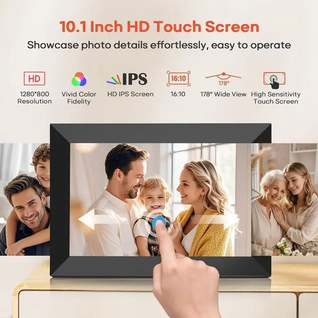 Alt view image 4 of 7 - 10.1 Inch WiFi Digital Picture Frame with 32GB Memory, 1280 x 800 IPS Touch Screen Smart Electronic Photo Frame, Wall Mountable, Auto-Rotate, Share Photos/Videos Via  App from Anywhere