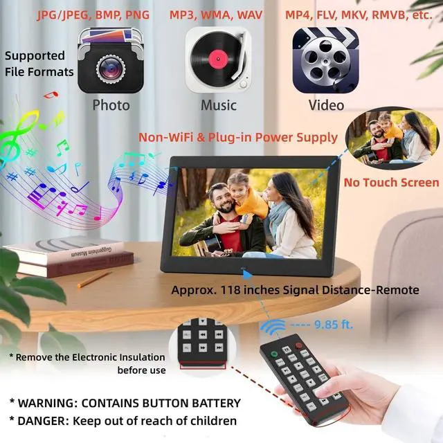 Alt view image 3 of 7 - 10.1 Inch USB Digital Picture Frame, Non-WiFi SD Card Smart Photo Frames IPS Screen HD Display with Remote Control, Support Video and Music, Slideshow, Wall Mountable, Easy to use for Seniors