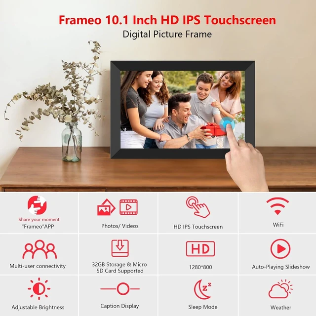 Alt view image 2 of 7 - Frameo 10.1 Inch WiFi Digital Photo Frame, 32GB Digital Picture Frame with 1280x800 IPS HD Touch Screen, Auto-Rotate Wall Mount, Easy Share Photos/Videos from Phone - Gifts for Mom