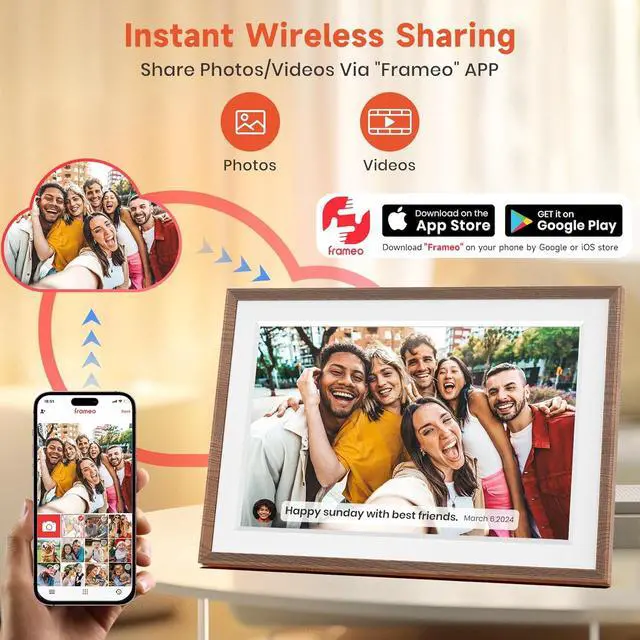 Alt view image 2 of 7 - 10.1" Wood WiFi Digital Picture Frame with 32GB Memory, 1280 x 800 IPS HD Touch Screen Electronic Photo Frame, Auto-Rotate, Slideshow, Wall Mountable, Share Photos/Video Remotely Anywhere
