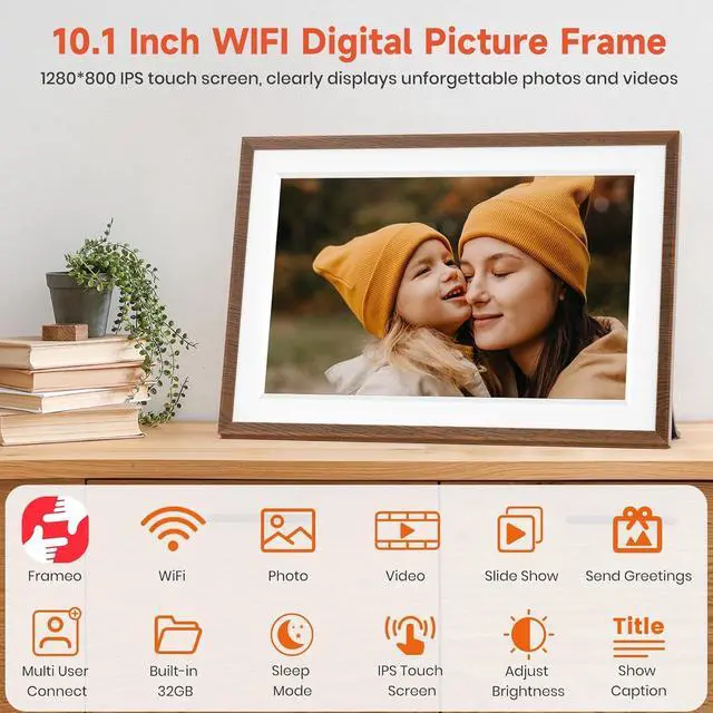 Alt view image 3 of 7 - 10.1" Wood WiFi Digital Picture Frame with 32GB Memory, 1280 x 800 IPS HD Touch Screen Electronic Photo Frame, Auto-Rotate, Slideshow, Wall Mountable, Share Photos/Video Remotely Anywhere