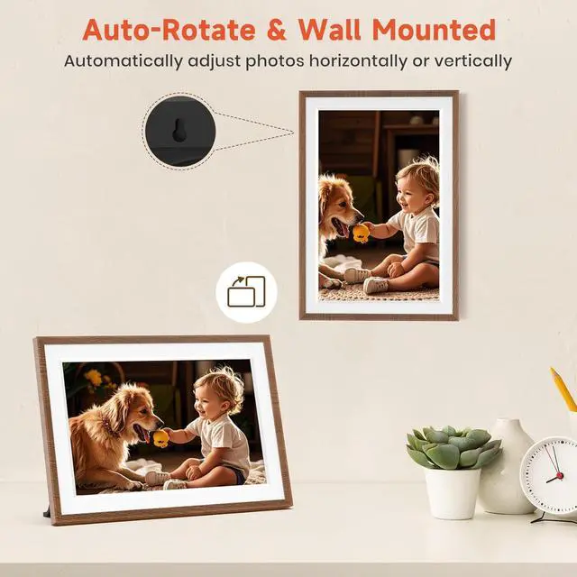 Alt view image 5 of 7 - 10.1" Wood WiFi Digital Picture Frame with 32GB Memory, 1280 x 800 IPS HD Touch Screen Electronic Photo Frame, Auto-Rotate, Slideshow, Wall Mountable, Share Photos/Video Remotely Anywhere