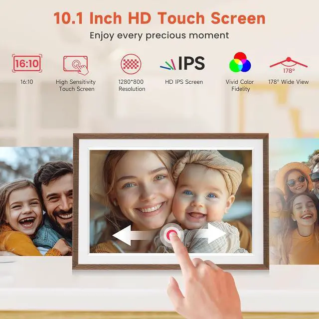 Alt view image 6 of 7 - 10.1" Wood WiFi Digital Picture Frame with 32GB Memory, 1280 x 800 IPS HD Touch Screen Electronic Photo Frame, Auto-Rotate, Slideshow, Wall Mountable, Share Photos/Video Remotely Anywhere