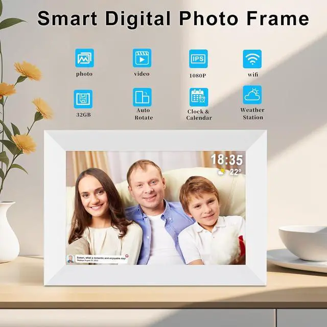 Alt view image 2 of 7 - 10.1 Inch WiFi Digital Picture Frame, 32GB Storage & SD Slot, IPS Touch Screen with Auto-Rotate, Remote Photo/Video Sharing via App (White)