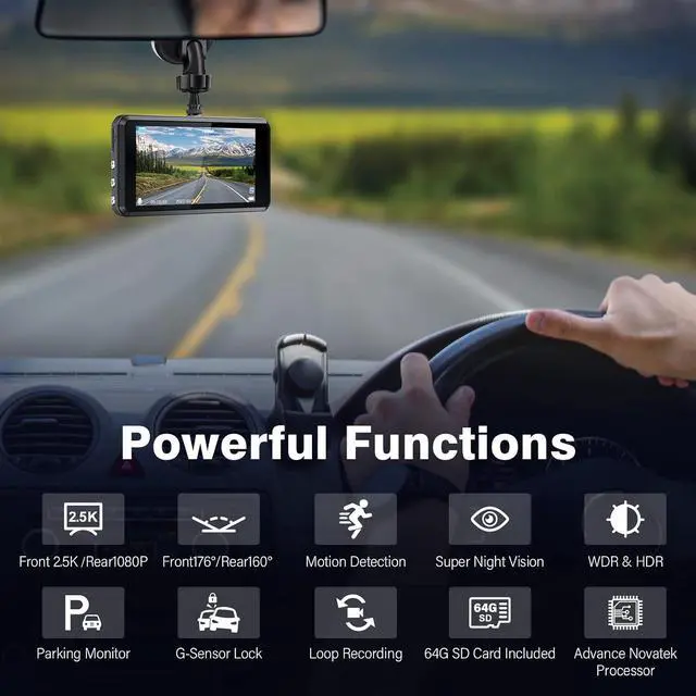 Alt view image 2 of 7 - Dash Cam Front and Rear - Dash Camera for Cars Mini Dash Cam Full HD with 64GB Memory Card, 2.5K Dash Cam,64G SD Card,1600P+1080P FHD Dual Dash Camera for Cars,176°+160° Wide Angle
