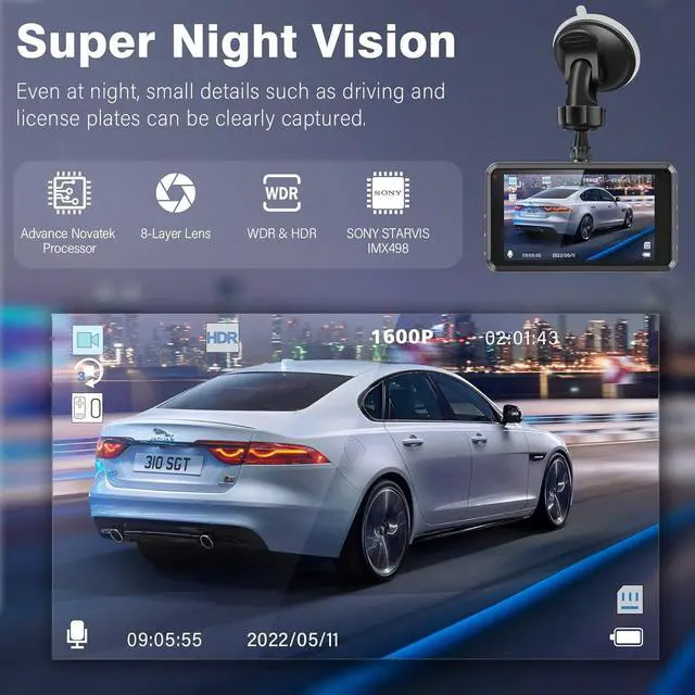 Alt view image 3 of 7 - Dash Cam Front and Rear - Dash Camera for Cars Mini Dash Cam Full HD with 64GB Memory Card, 2.5K Dash Cam,64G SD Card,1600P+1080P FHD Dual Dash Camera for Cars,176°+160° Wide Angle