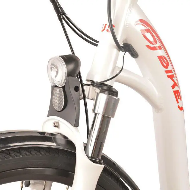Alt view image 4 of 7 - DJ City Bike 26" Tires 750W 48V 13Ah Power Electric Bicycle, Pearl White, LED Bike Light, MOZO Suspension Fork and Shimano Gear, LG battery, Aluminum frame, Wellgo Pedals