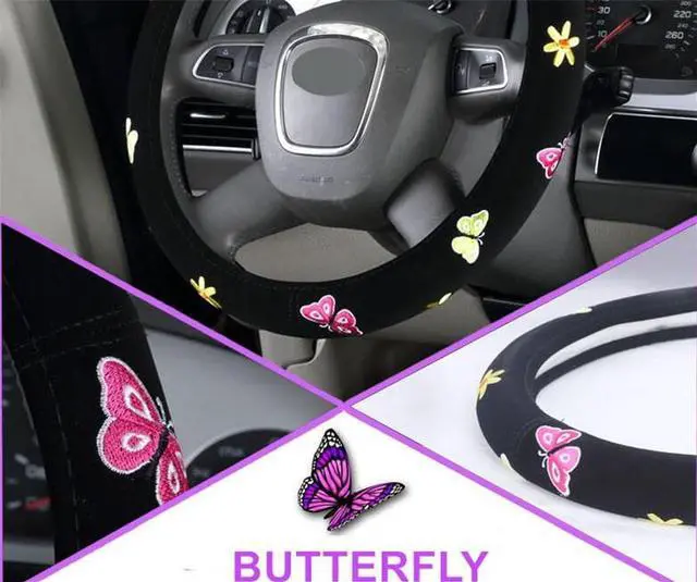 Alt view image 6 of 7 - Paiying 38cm Butterfly Flower Embroidery Car Steering Wheel Cover Interior Accessories