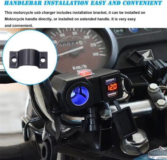 Alt view image 5 of 5 - Yingshan Motorcycle 12V Dual USB Power Port Charger Blue LED Adapter Cigarette Lighter