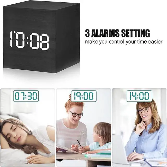 Alt view image 2 of 6 - Digital Alarm Clock Wooden Electronic LED Time Display Battery Operated Desk Small Clock with Indoor Temperature 3 Alarm Settings Adjustable Alarm Volume Black