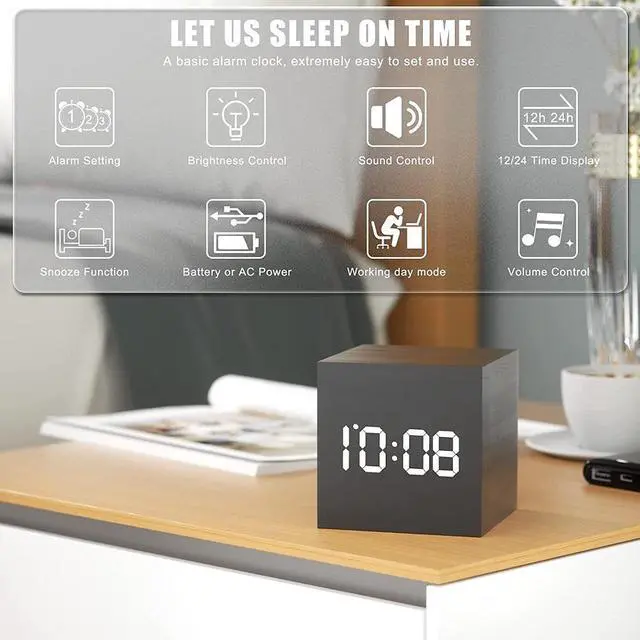 Main image of Digital Alarm Clock Wooden Electronic LED Time Display Battery Operated Desk Small Clock with Indoor Temperature 3 Alarm Settings Adjustable Alarm Volume Black