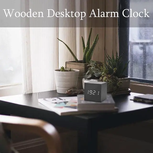 Alt view image 3 of 6 - Digital Alarm Clock Wooden Electronic LED Time Display Battery Operated Desk Small Clock with Indoor Temperature 3 Alarm Settings Adjustable Alarm Volume Black