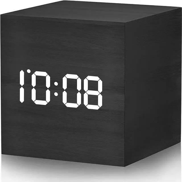 Alt view image 4 of 6 - Digital Alarm Clock Wooden Electronic LED Time Display Battery Operated Desk Small Clock with Indoor Temperature 3 Alarm Settings Adjustable Alarm Volume Black