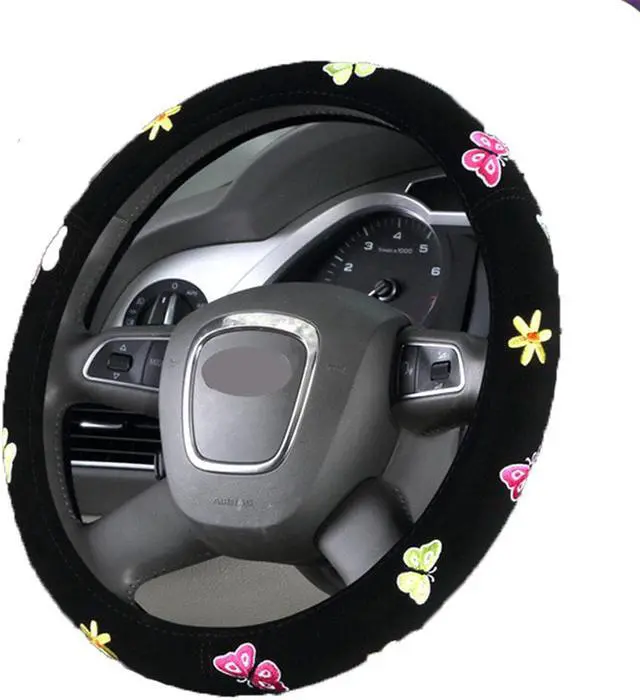 Alt view image 3 of 7 - Paiying 38cm Butterfly Flower Embroidery Car Steering Wheel Cover Interior Accessories