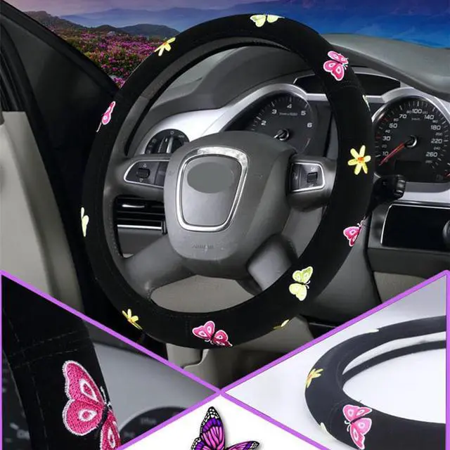 Alt view image 5 of 7 - Paiying 38cm Butterfly Flower Embroidery Car Steering Wheel Cover Interior Accessories