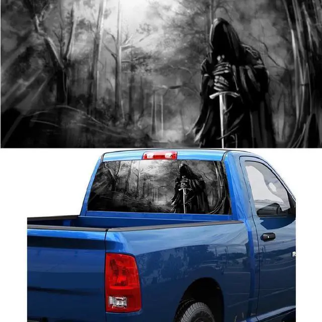 Alt view image 7 of 7 - Paiying 22" X 65" Rear Window Graphic Decal Grim Reaper Black Forest Rear Window Sticker