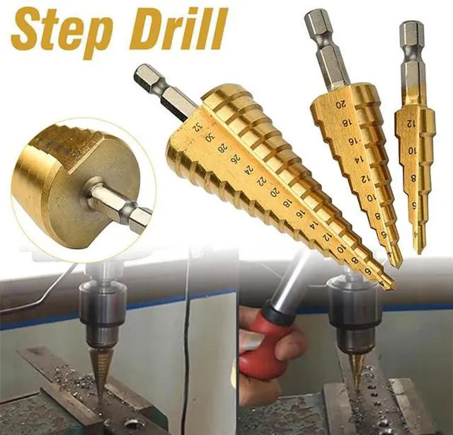 Alt view image 5 of 7 - Acaigel Sheet Metal Tools Drill 4-12/20/32MM Hex Titanium Step Cone Drill Bit Hole Tools