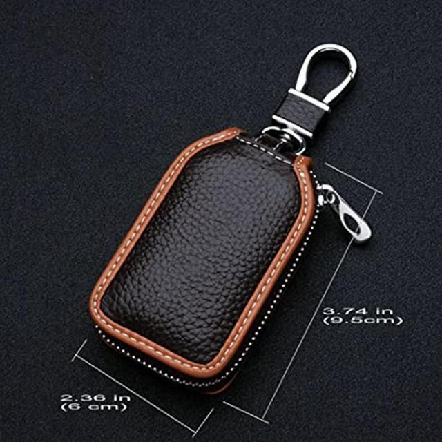 Alt view image 4 of 4 - Car Key Case - Superior Genuine Leather Auto Key FOB Holder Smart KeyChain Protector Cover with Metal Hook and Zipper (Brown)