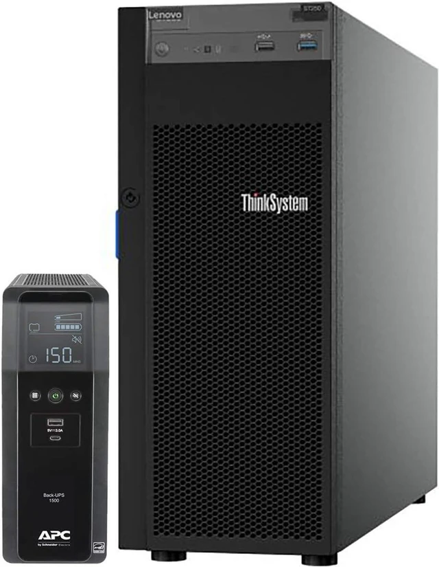 Main image of Lenovo ThinkSystem ST250 Tower Server Bundle Including APC BR1500MS 1500VA UPS, Intel Xeon 3.3GHz CPU, 64GB DDR4 2666MHz RAM, 16TB HDD Storage, JBOD RAID