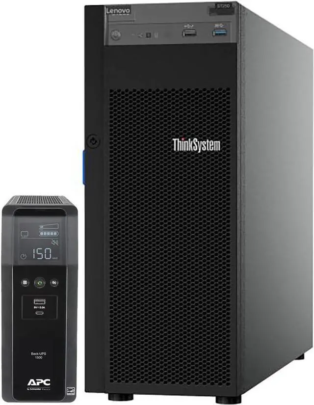 Main image of Lenovo ThinkSystem ST250 TowerServer Bundle Including APC BR1500MS 1500VA UPS, Intel Xeon 3.3GHz CPU, 32GB DDR4 2666MHz RAM, 8TB HDD Storage, JBOD RAID