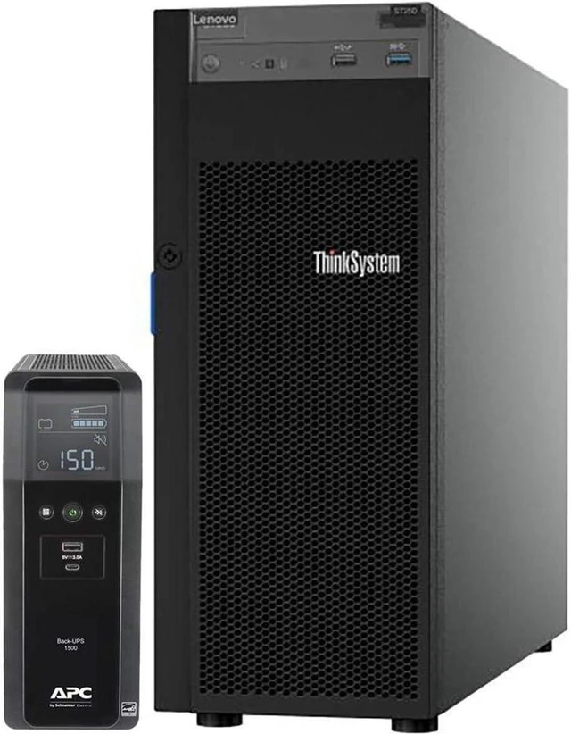 Main image of Lenovo ThinkSystem ST250 Tower Server Bundle Including APC BR1500MS 1500VA UPS, Intel Xeon 3.3GHz CPU, 64GB DDR4 2666MHz RAM, 16TB HDD Storage, JBOD RAID
