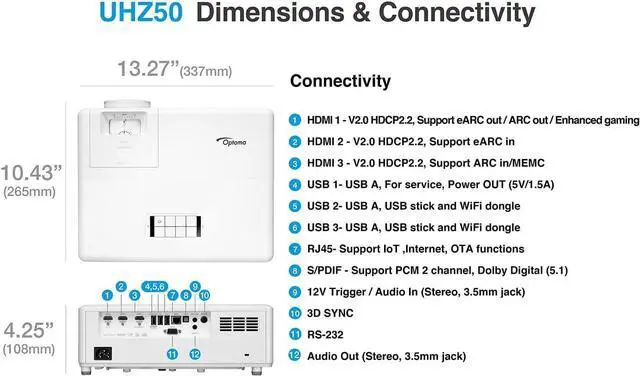 Alt view image 6 of 6 - Optoma UHZ50 Smart 4K UHD Laser Home Theater Projector | 3000 Lumens | HDR Adjustment Options | Cinematic Color | Flexible Installation 1.3x Zoom & Vertical Lens Shift | Works with Alexa & Google