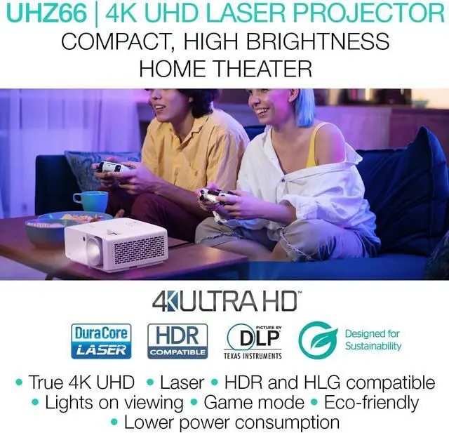 Alt view image 5 of 6 - Optoma UHZ66 Compact Long Throw True 4K UHD Laser Home Cinema and Gaming Projector, 4000 Lumens