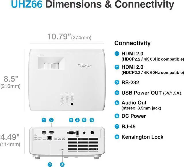 Alt view image 3 of 6 - Optoma UHZ66 Compact Long Throw True 4K UHD Laser Home Cinema and Gaming Projector, 4000 Lumens