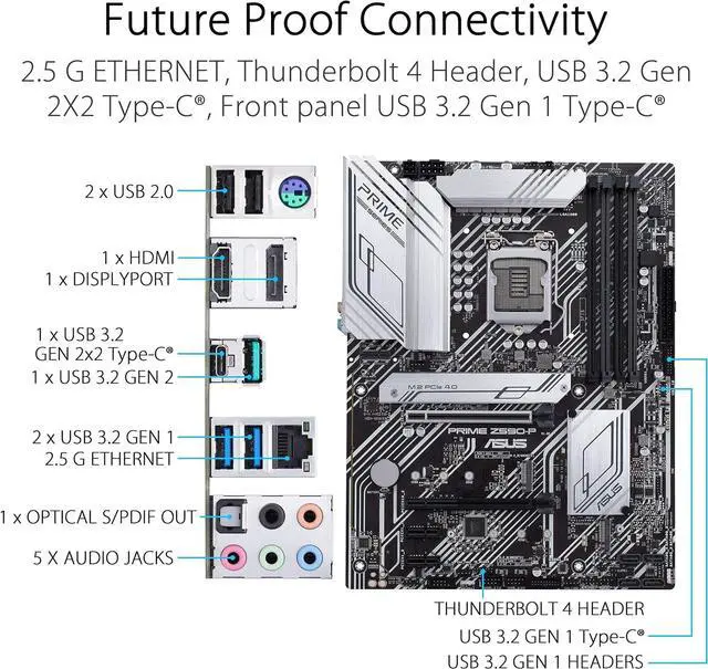 Alt view image 6 of 9 - ASUS Prime Z590-P LGA 1200 (Intel 11th/10th Gen) ATX motherboard (PCIe 4.0, 10+1 Power Stages, 3X M.2, 2.5Gb LAN, front panel USB 3.2 Gen 2 USB Type-C, Thunderbolt 4 support)