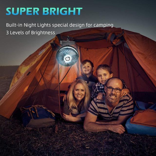 Alt view image 2 of 7 - Camping Fan with LED Lantern, 5000mAh Rechargeable Battery/USB Operated Fan 7-Inch outdoor fan with Hanging Hook for Tent Car RV