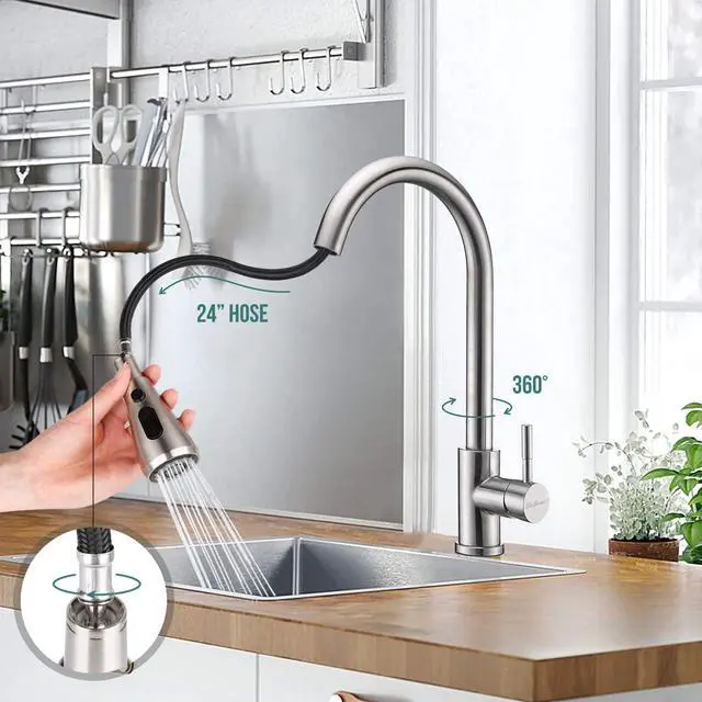Alt view image 2 of 7 - Kitchen Faucet Pull Down Dual-Function Sprayer, Single-Handle Stainless Steel High Arch Kitchen Sink Faucet