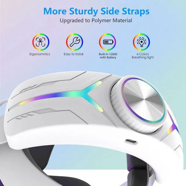 Alt view image 2 of 7 - Sovawin For Meta quest 3s RGB Charging Headstrap 12000mAh Internal Battery Knob Adjustable Head Strap White