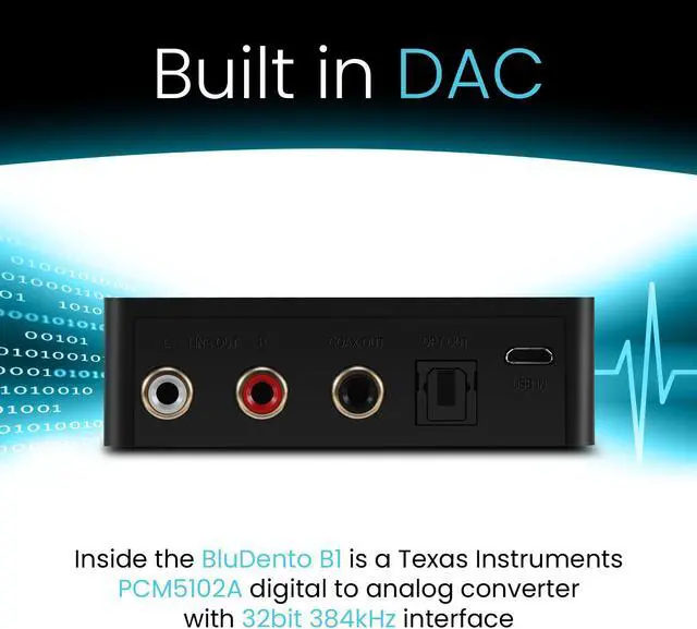 Alt view image 5 of 7 - BluDento B1 True Hi-Fi aptX HD NFC Bluetooth v5.1 Audio Receiver with COAX OPT RCA Outputs & TI DAC