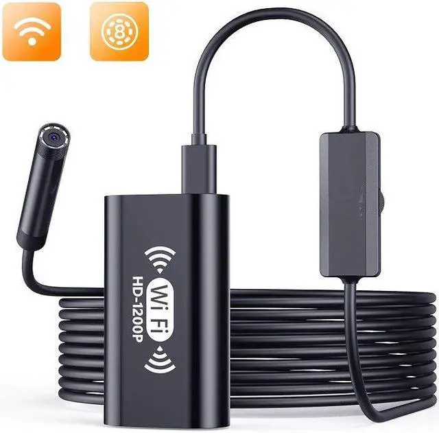 Alt view image 2 of 5 - F130 WiFi Endoscope Camera 8MM Yellow HD1200P IP67 Waterproof USB Inspection Borescope 8LEDs Wireless Endoscopy for Android Iphones PC Soft Cable