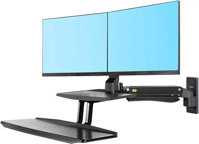 Alt view image 3 of 5 - MC55-2A Dual Wall Mount 22-27in Ergonomic Sit-Stand Workstation Monitor Holder with Foldable Keyboard Tray Gas Strut Arm