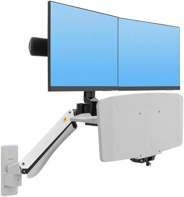 Alt view image 4 of 5 - MC55-2A Dual Wall Mount 22-27in Ergonomic Sit-Stand Workstation Monitor Holder with Foldable Keyboard Tray Gas Strut Arm