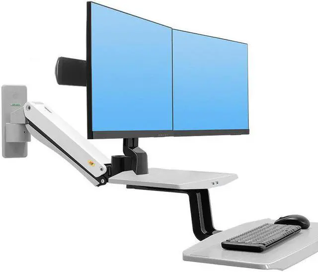 Alt view image 5 of 5 - MC55-2A Dual Wall Mount 22-27in Ergonomic Sit-Stand Workstation Monitor Holder with Foldable Keyboard Tray Gas Strut Arm