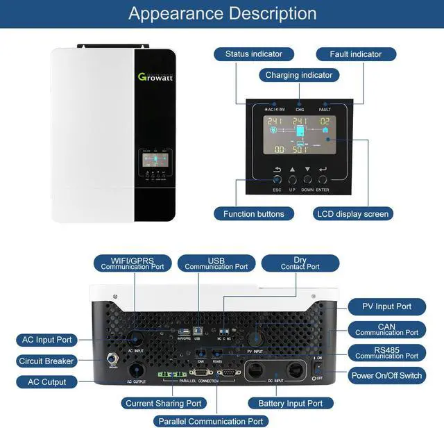 Alt view image 4 of 5 - Hybr1d Solar Inverter 3.5KW/5KW 48V 220V MPPT 80A/100A Pure Sine Wave Off Grid Solar Inversor Can Work without Battery SPF 3500-80A SPF 5000-100A