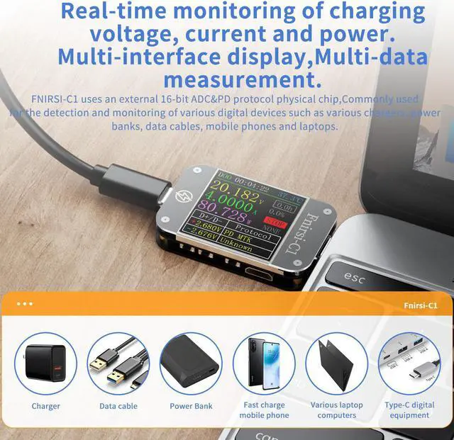 Alt view image 3 of 5 - FNIRSI-C1 Type-C PD Trigger USB-C Voltmeter Ammeter Fast Charging Protocol Test Type-C Meter Power Bank Detector Has PC Software