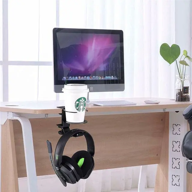 Alt view image 3 of 4 - 2-in-1 Headset Stand Cup Holder 360° Rotating PC Gaming Headphone Hanger Wall Hook Mount Headphone Organizer Desktop Accessories