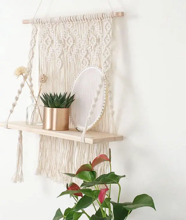 Alt view image 4 of 5 - Wall Hanging Shelf Wood Rope Tassel Swing Shelves Woven Tapestry Storage Rack Holder Home Office Room Decor