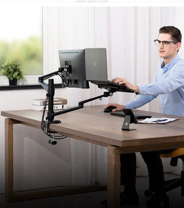 Alt view image 5 of 5 - Aluminum Height Adjustable Monitor Laptop Stand Desktop Dual Arm 17-32 inch Monitor Holder+12-17 inch Laptop Holder Stand Full Motion Mount Arm