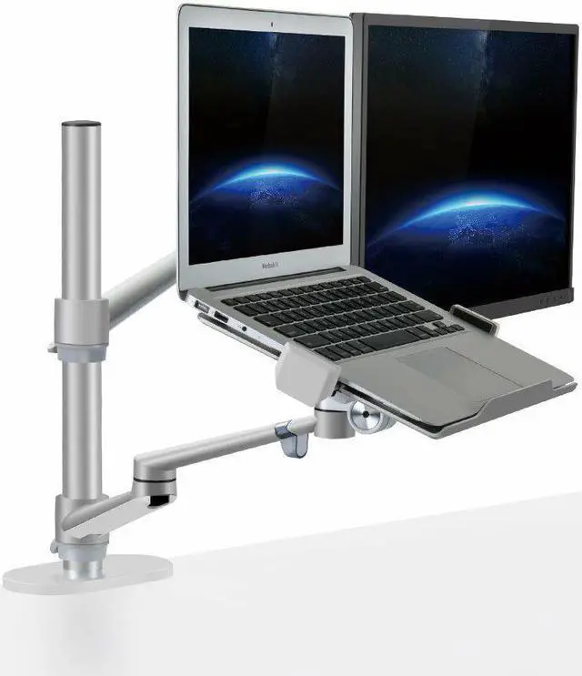 Alt view image 3 of 5 - Aluminum Height Adjustable Monitor Laptop Stand Desktop Dual Arm 17-32 inch Monitor Holder+12-17 inch Laptop Holder Stand Full Motion Mount Arm
