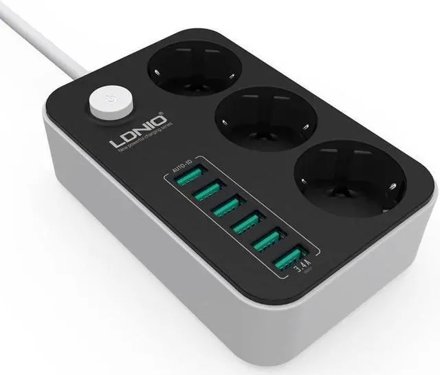 Alt view image 2 of 5 - Power Strip Outlet Surge Protector with 3 AC Outlets and 6 USB Charging Ports EU Standard